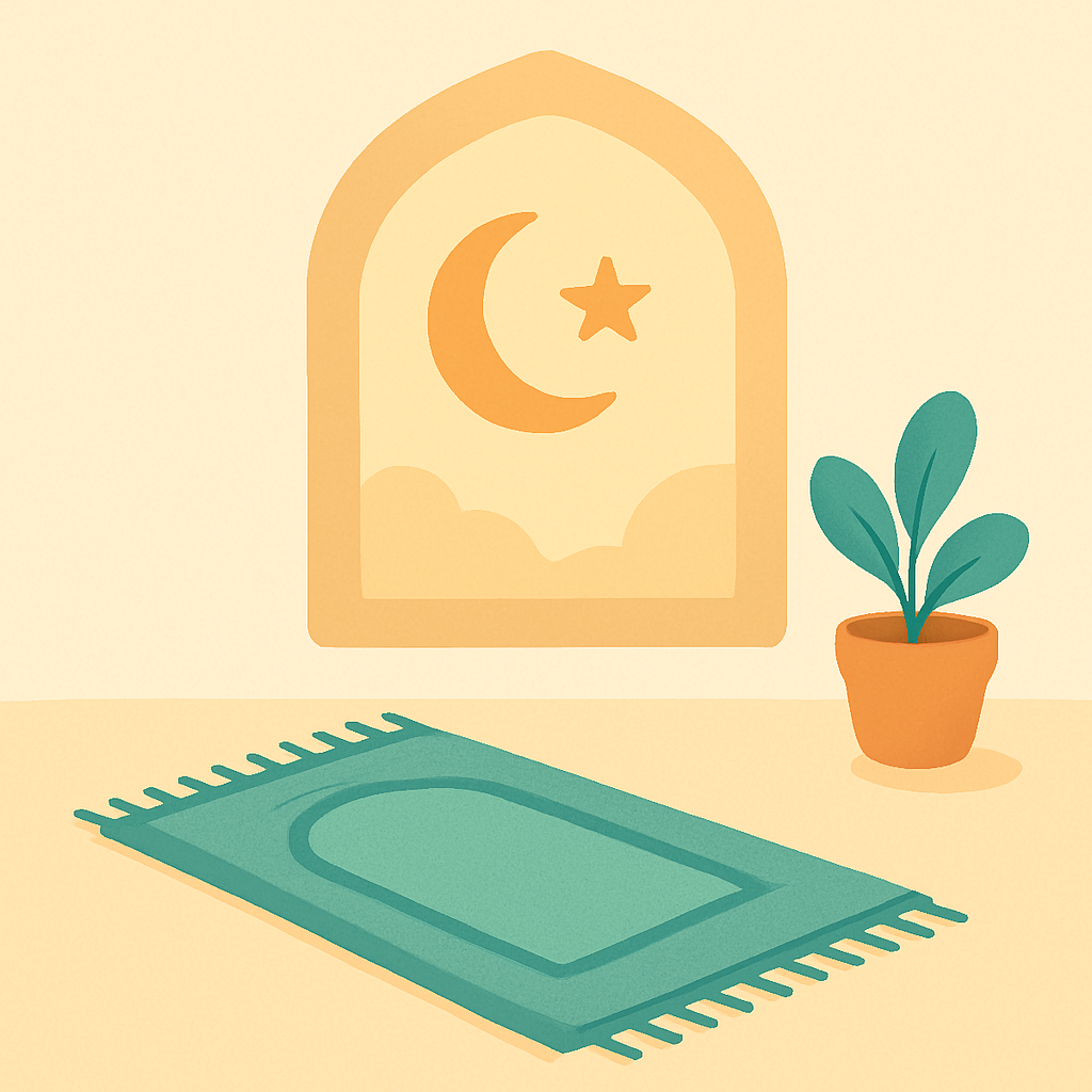 A cozy prayer corner with a teal prayer mat, an arch with a crescent moon and star, and a small plant.